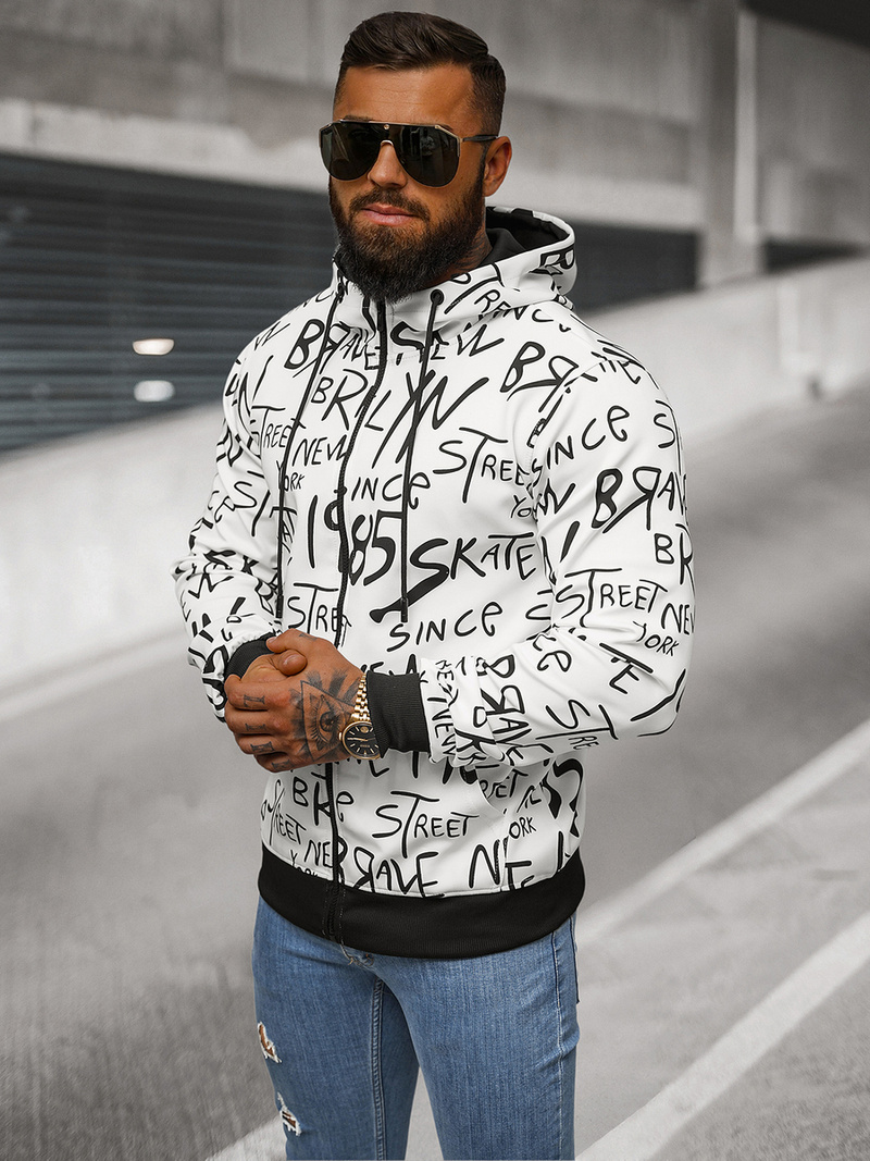 Baltas vyriškas džemperis su gobtuvu OZONEE JS/8B1175/1