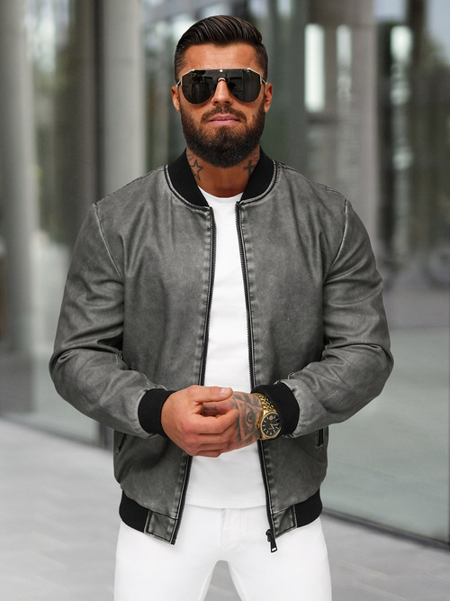 Grafitinis vyriška odinė striukė OZONEE JS/11Z8107