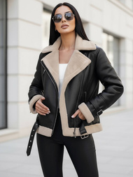 Juodai-smėlinis moteriška odinė striukė OZONEE JS/11Z8177Z