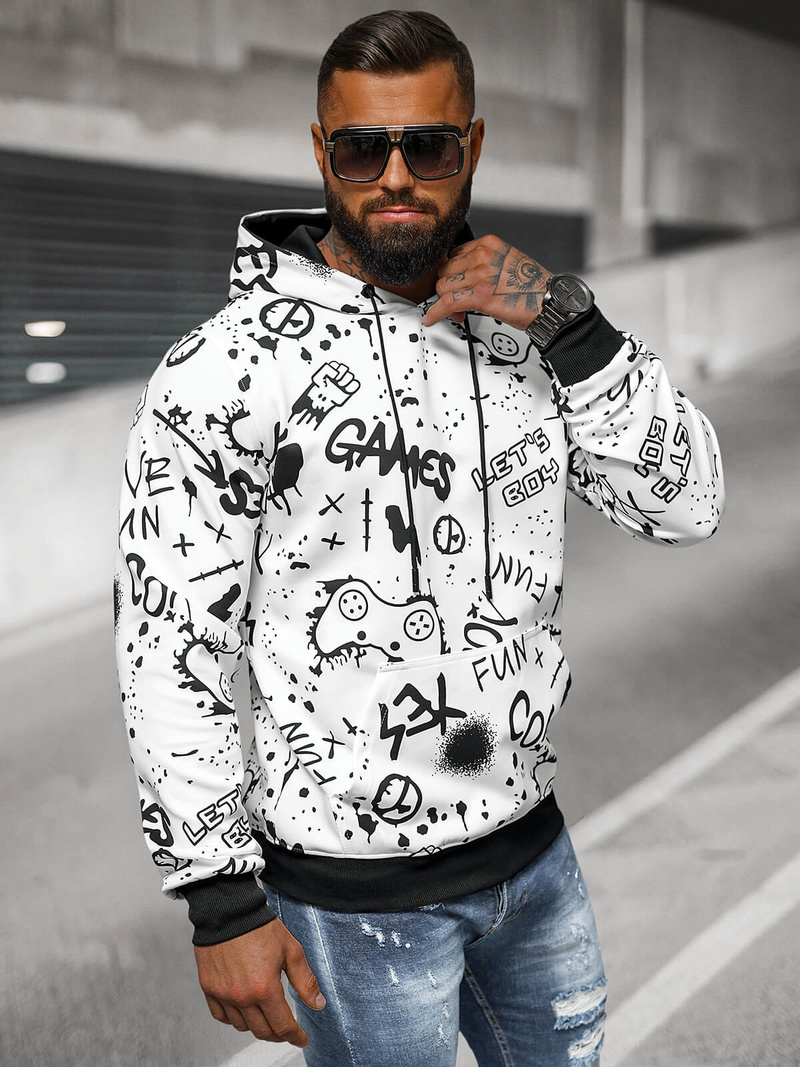 Baltas vyriškas džemperis su gobtuvu OZONEE JS/8B1227/1