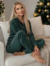 Tamsiai-žalia moteriškas veliūrinis sportinis kostiumas OZONEE JS/8C1176/9Z