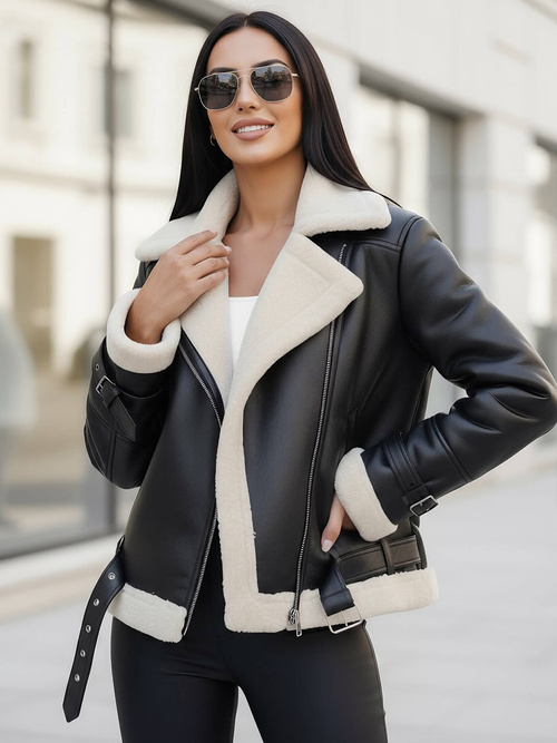 Juodai-balta moteriška odinė striukė OZONEE JS/11Z8177Z