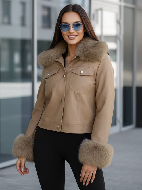 Smėlinis moteriška odinė striukė OZONEE JS/61M8513/84Z