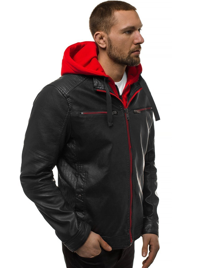 Juodai-Raudona vyriška odinė striukė OZONEE N/6129Z