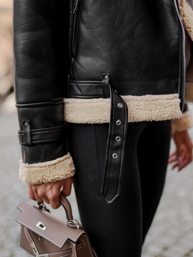 Juodai-smėlinis moteriška odinė striukė OZONEE JS/11Z8177