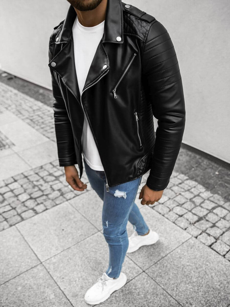 Juoda vyriška odinė striukė OZONEE O/5629