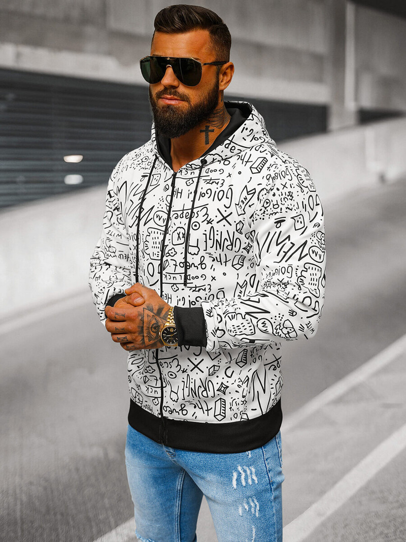 Baltas vyriškas džemperis su gobtuvu OZONEE JS/8B1182/1