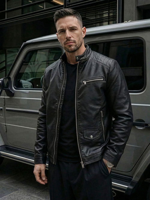 Juoda vyriška odinė striukė OZONEE JS/11Z8021