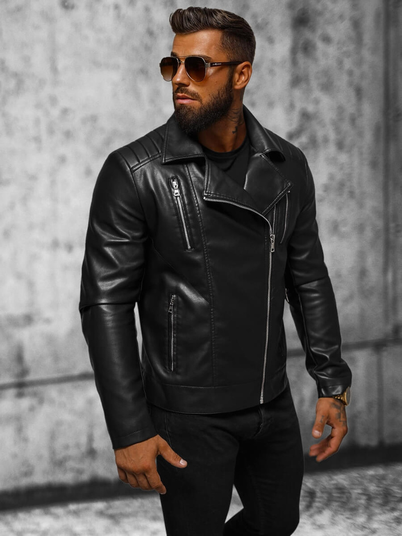 Juoda vyriška odinė striukė OZONEE JS/11Z8056