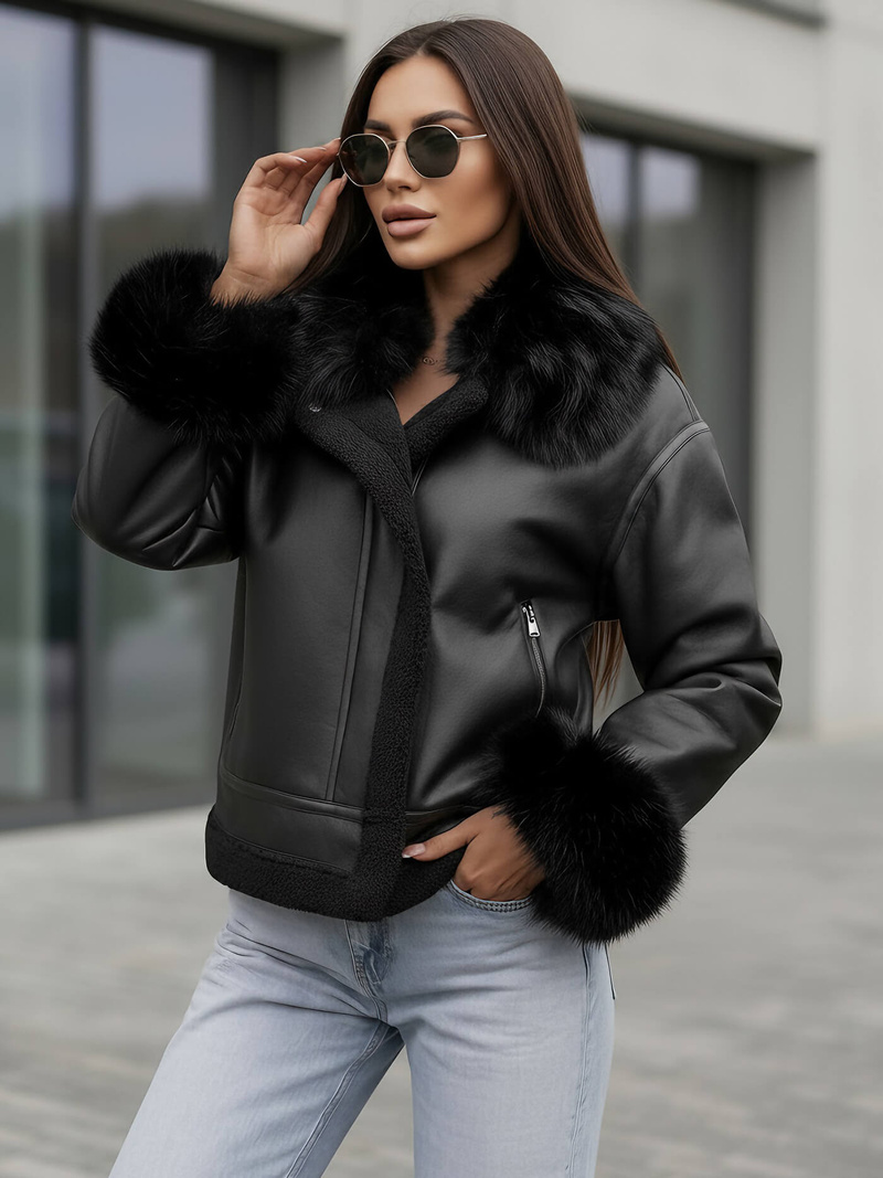 Juoda moteriška odinė striukė OZONEE JS/61M8505/392Z