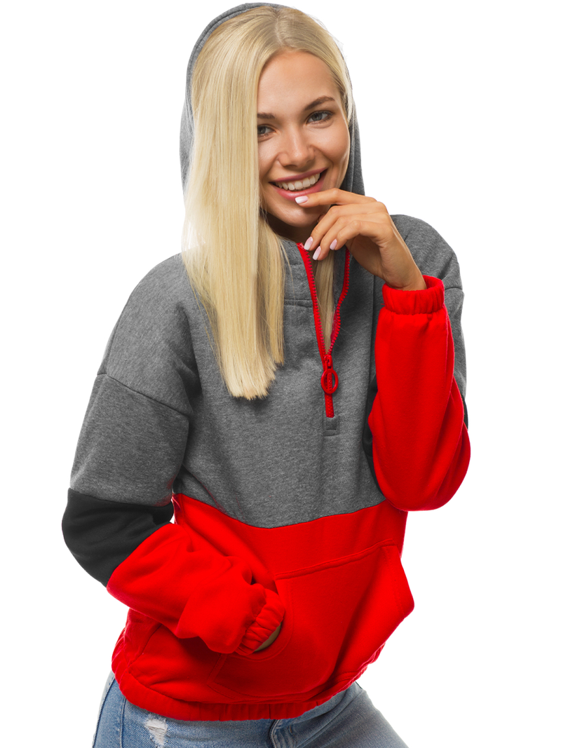 Grafitai-raudonas moteriškas džemperis su gobtuvu OZONEE JS/KSW2030