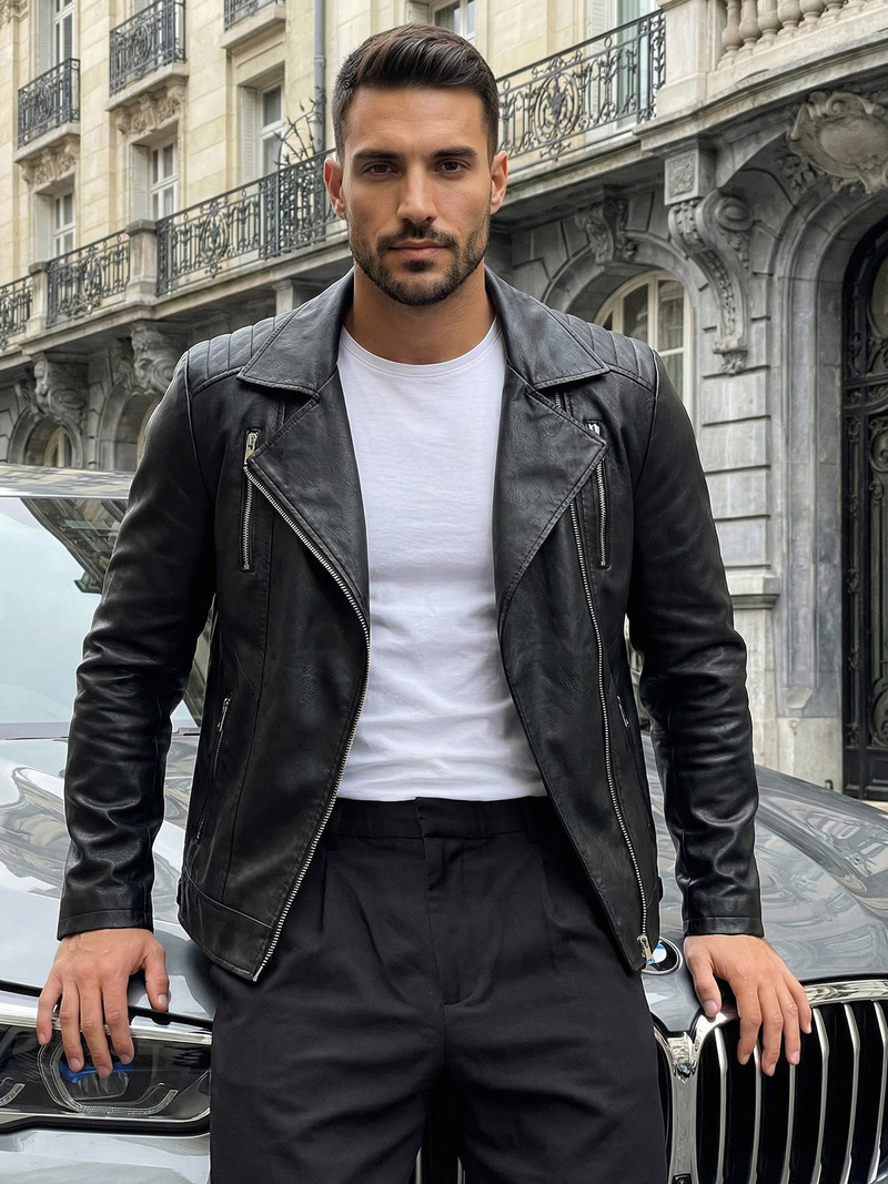 Juoda vyriška odinė striukė OZONEE JS/11Z8067Z