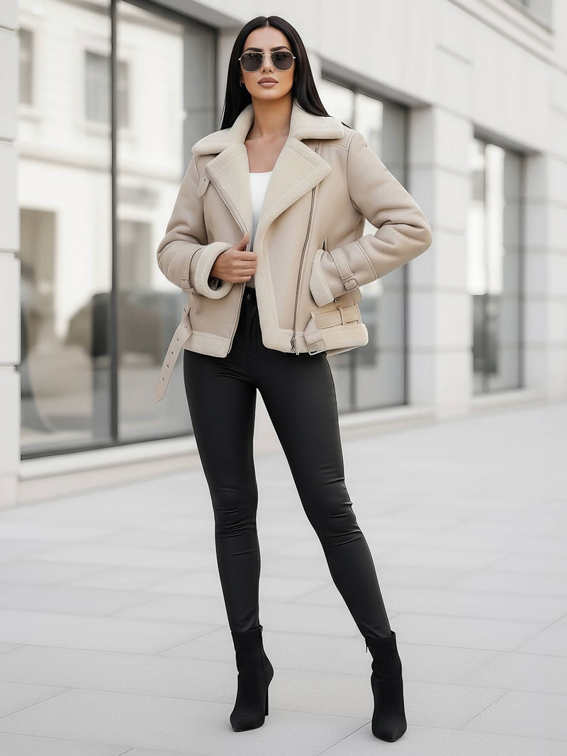 Smėlinis Moteriška Odinė Striukė OZONEE JS/11Z8177Z