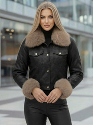 Juodai-smėlinis moteriška odinė striukė OZONEE JS/61M8513/392B