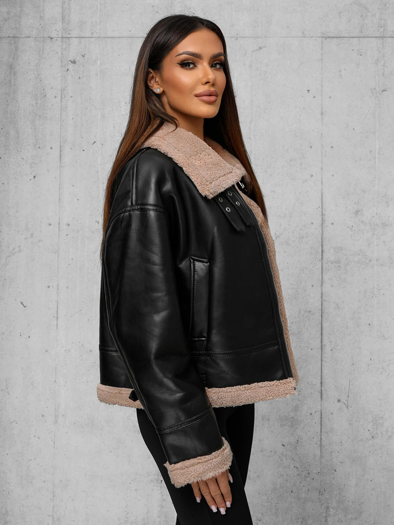 Juodai-smėlinis moteriška odinė striukė OZONEE JS/11Z8176Z