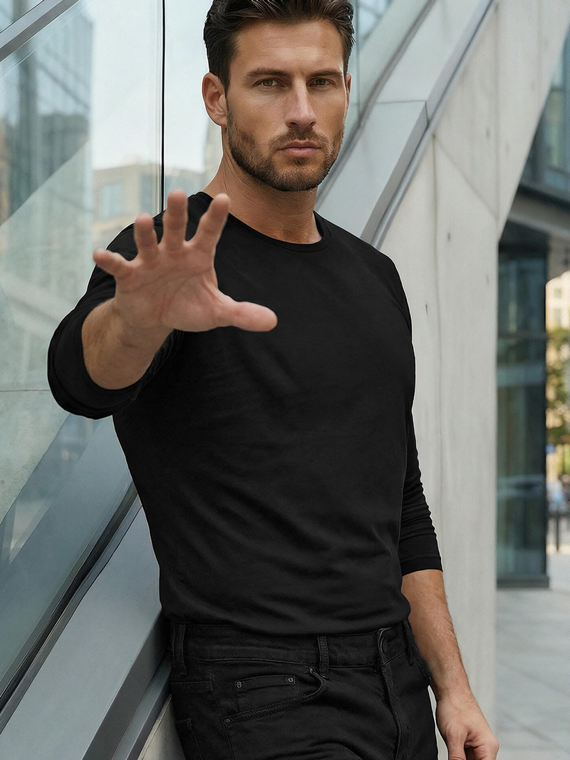 Juodi vyriški marškinėliai ilgomis rankovėmis OZONEE JS/2088Z