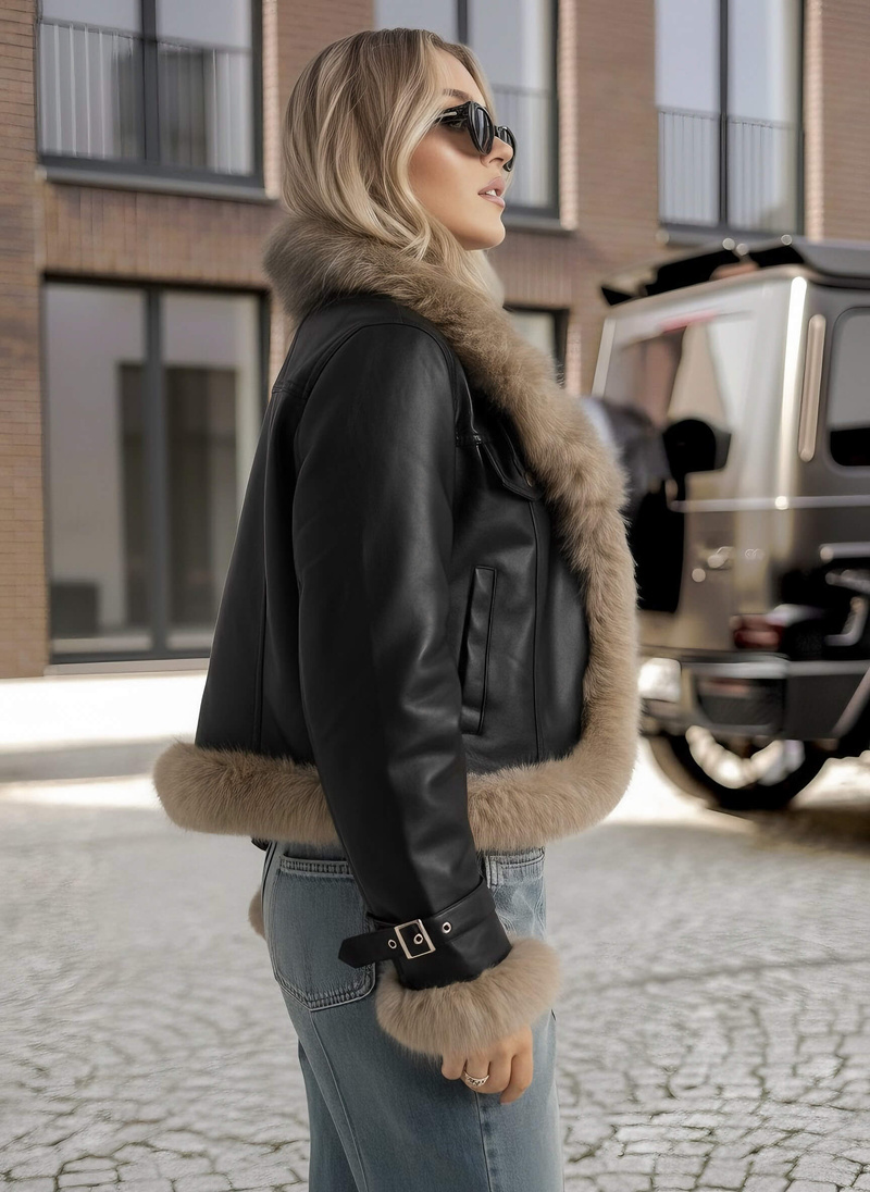 Juoda moteriška odinė striukė OZONEE JS/61M8517/392