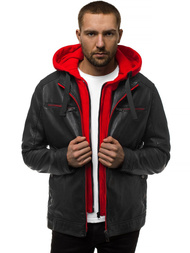 Juodai-Raudona vyriška odinė striukė OZONEE N/6129Z