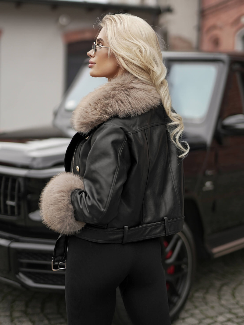 Juodai-smėlinis moteriška odinė striukė OZONEE JS/61M8512/392BZ