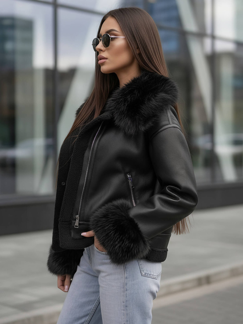 Juoda moteriška odinė striukė OZONEE JS/61M8505/392Z