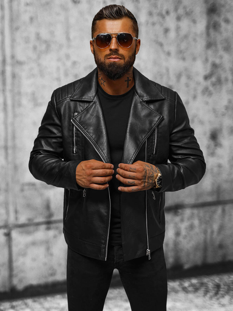 Juoda vyriška odinė striukė OZONEE JS/11Z8067