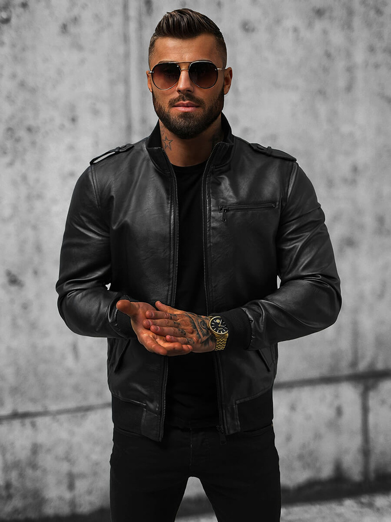 Juoda vyriška odinė striukė OZONEE O/8907