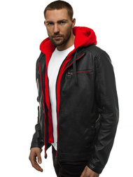 Juodai-Raudona vyriška odinė striukė OZONEE N/6129Z