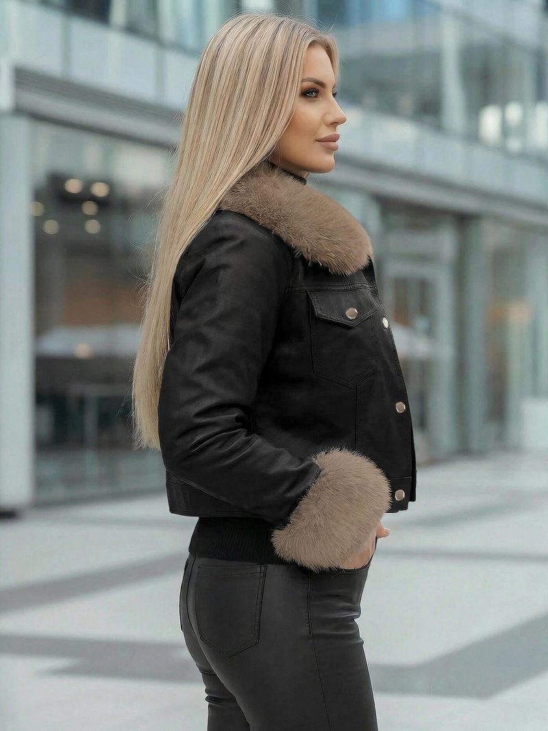 Juodai-smėlinis moteriška odinė striukė OZONEE JS/61M8513/392B