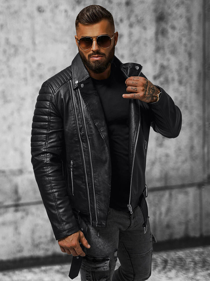 Juoda vyriška odinė striukė OZONEE JS/11Z8005Z