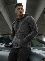 Grafitinis vyriškas veliūrinis džemperis su gobtuvu OZONEE JS/8B1168/6Z