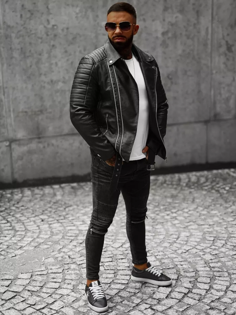 Juoda vyriška odinė striukė OZONEE JS/11Z8005