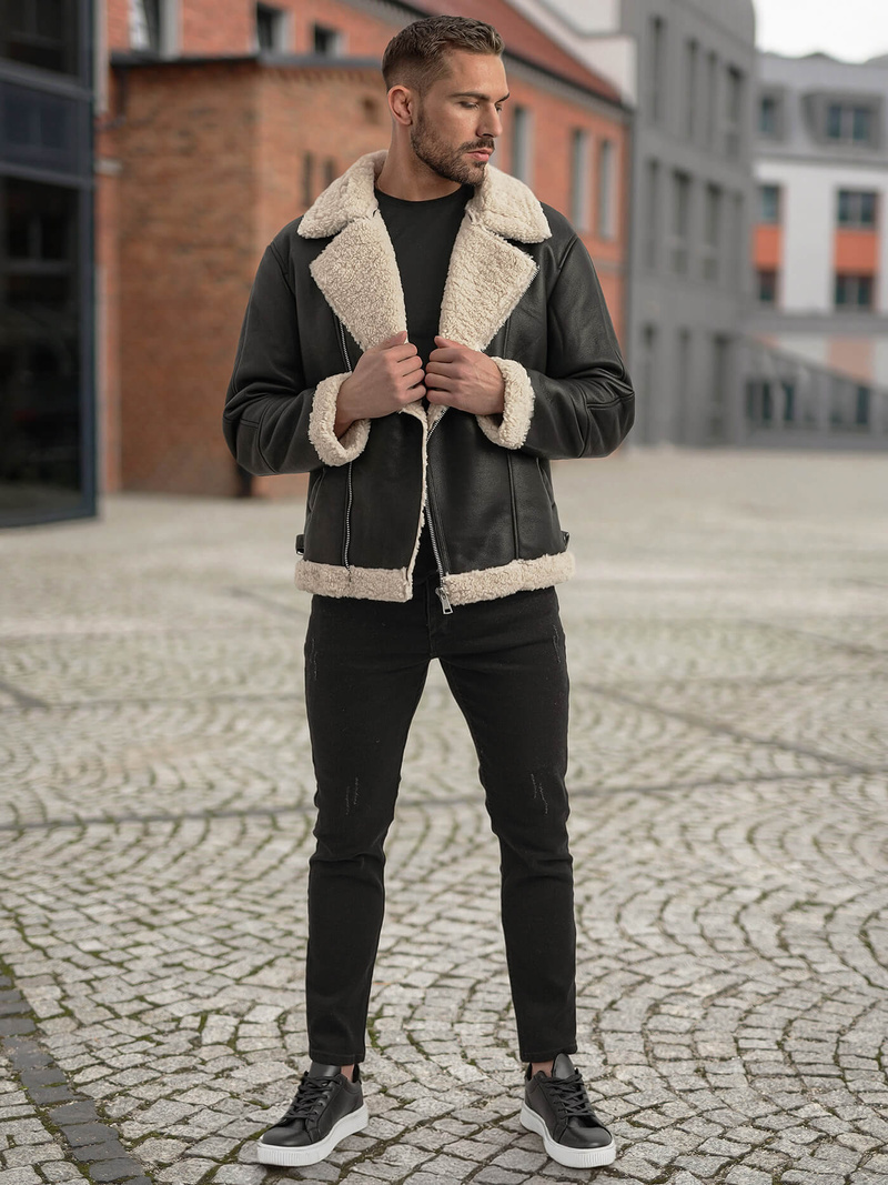 Juoda vyriška odinė striukė OZONEE JS/11Z8273