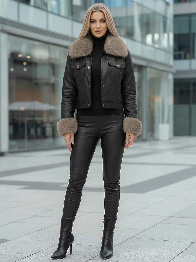 Juodai-smėlinis moteriška odinė striukė OZONEE JS/61M8513/392B