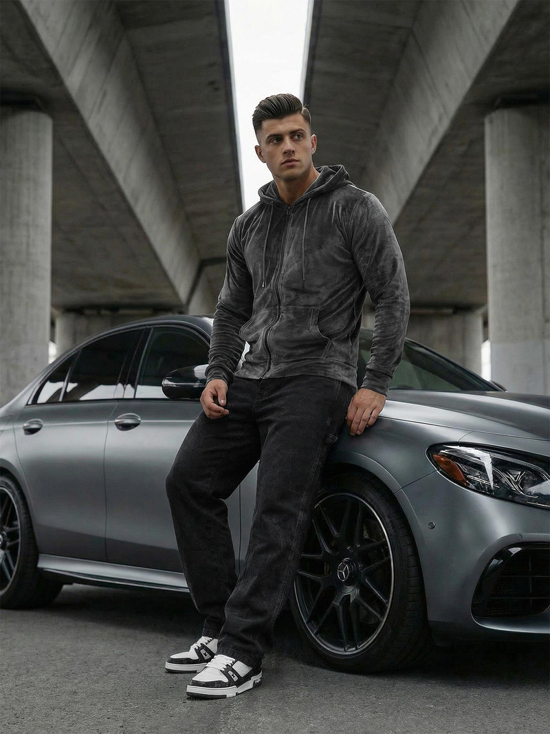 Grafitinis vyriškas veliūrinis džemperis su gobtuvu OZONEE JS/8B1168/6Z