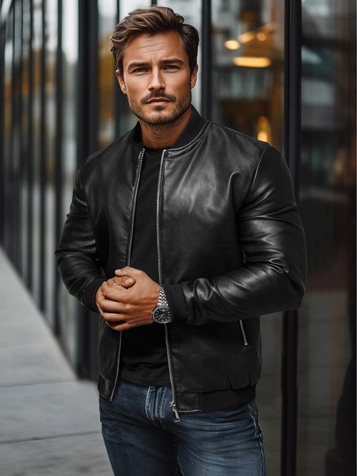 Juoda vyriška odinė striukė OZONEE JS/11Z8106Z