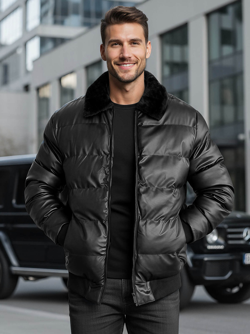 Juoda vyriška žieminė odinė striukė OZONEE O/M795Z