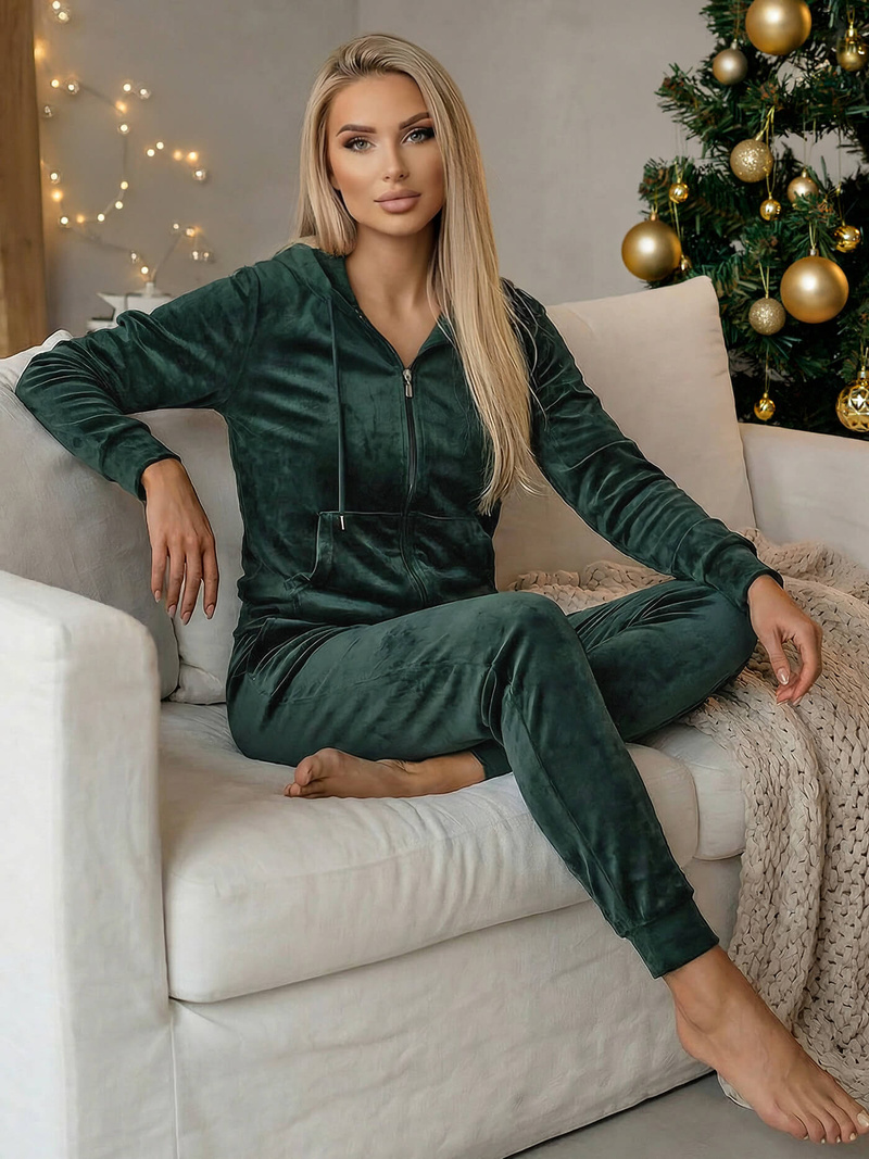 Tamsiai-žalia moteriškas veliūrinis sportinis kostiumas OZONEE JS/8C1176/9Z