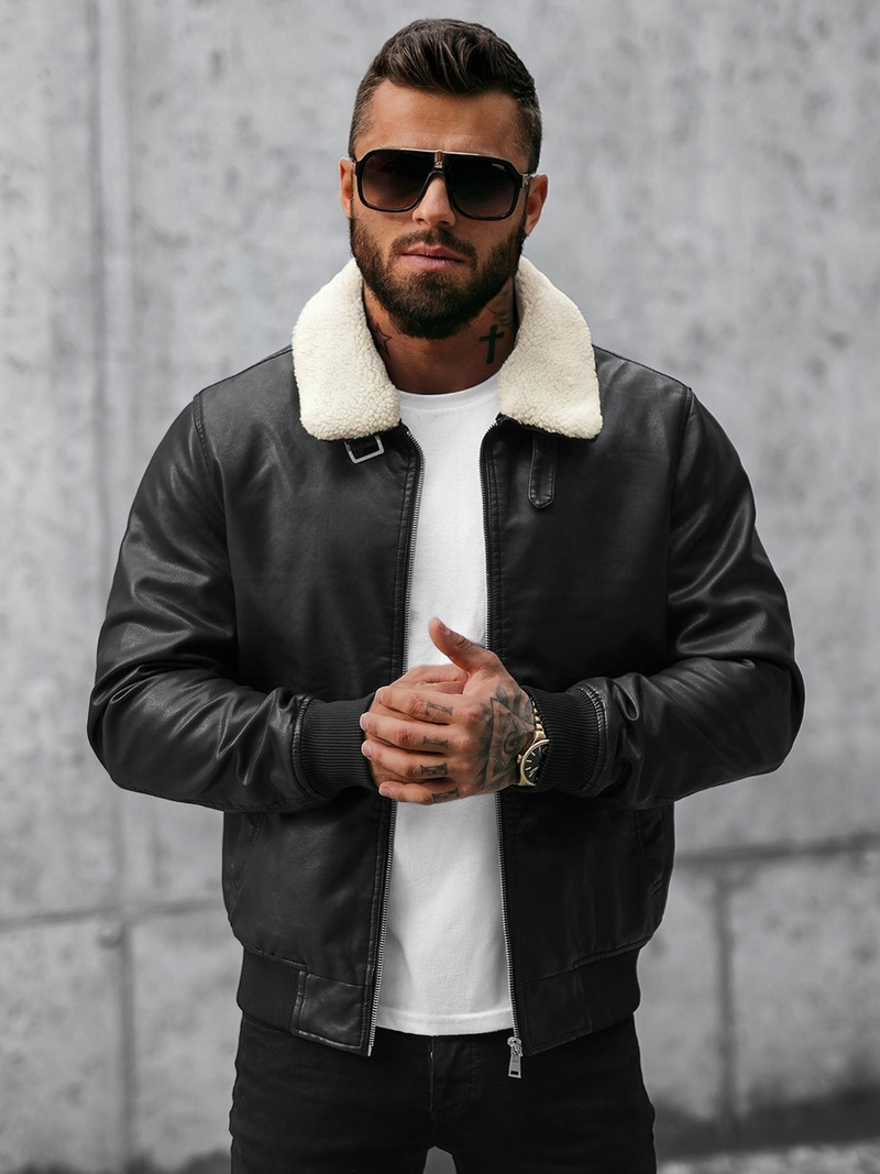 Juoda vyriška odinė striukė OZONEE JB/JP1178Z