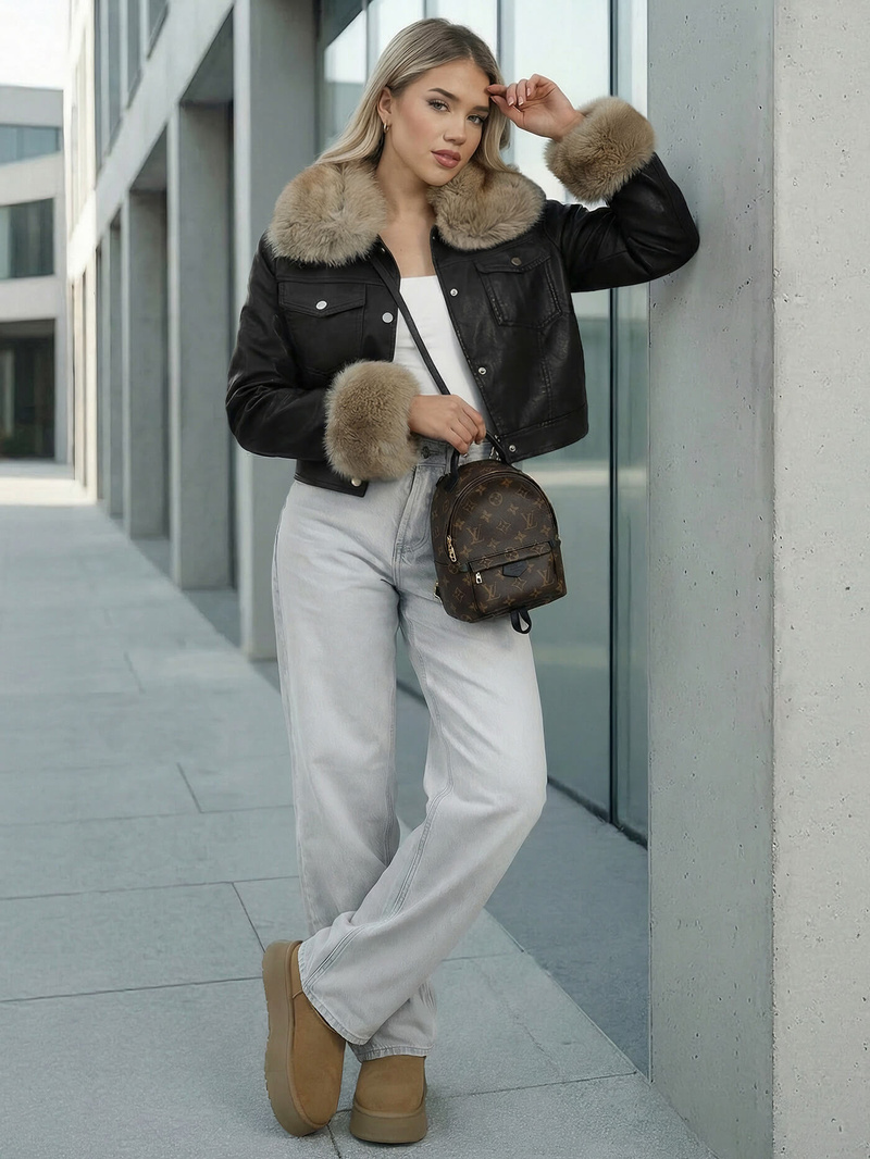 Juodai-smėlinis moteriška odinė striukė OZONEE JS/61M8513/392B