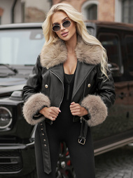 Juodai-smėlinis moteriška odinė striukė OZONEE JS/61M8512/392BZ