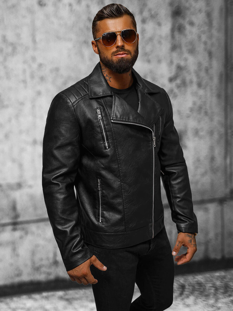 Juoda vyriška odinė striukė OZONEE JS/11Z8067