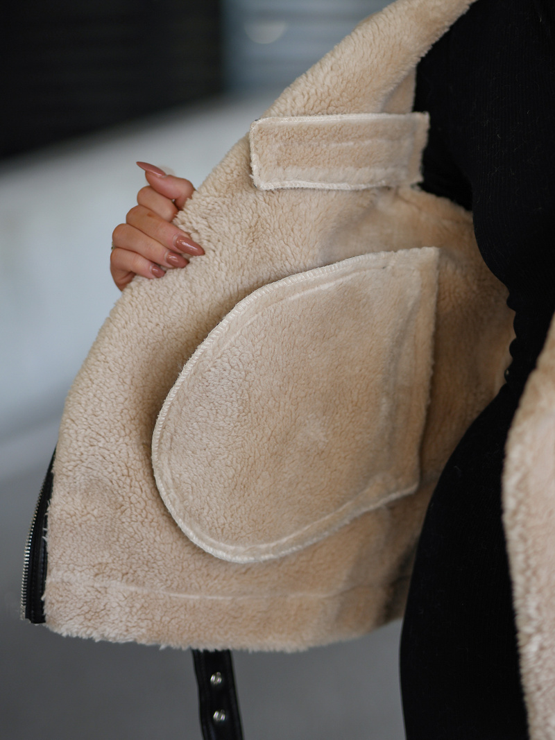 Juodai-smėlinis moteriška odinė striukė OZONEE JS/11Z8177Z