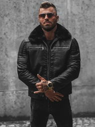 Juoda vyriška odinė striukė OZONEE JS/11Z8013Z