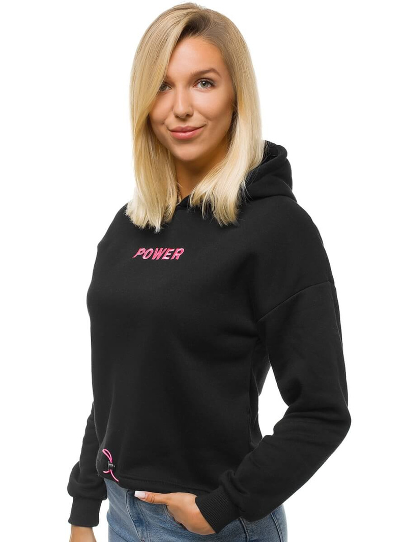 Juodas moteriškas džemperis su gobtuvu OZONEE JS/KSW2028