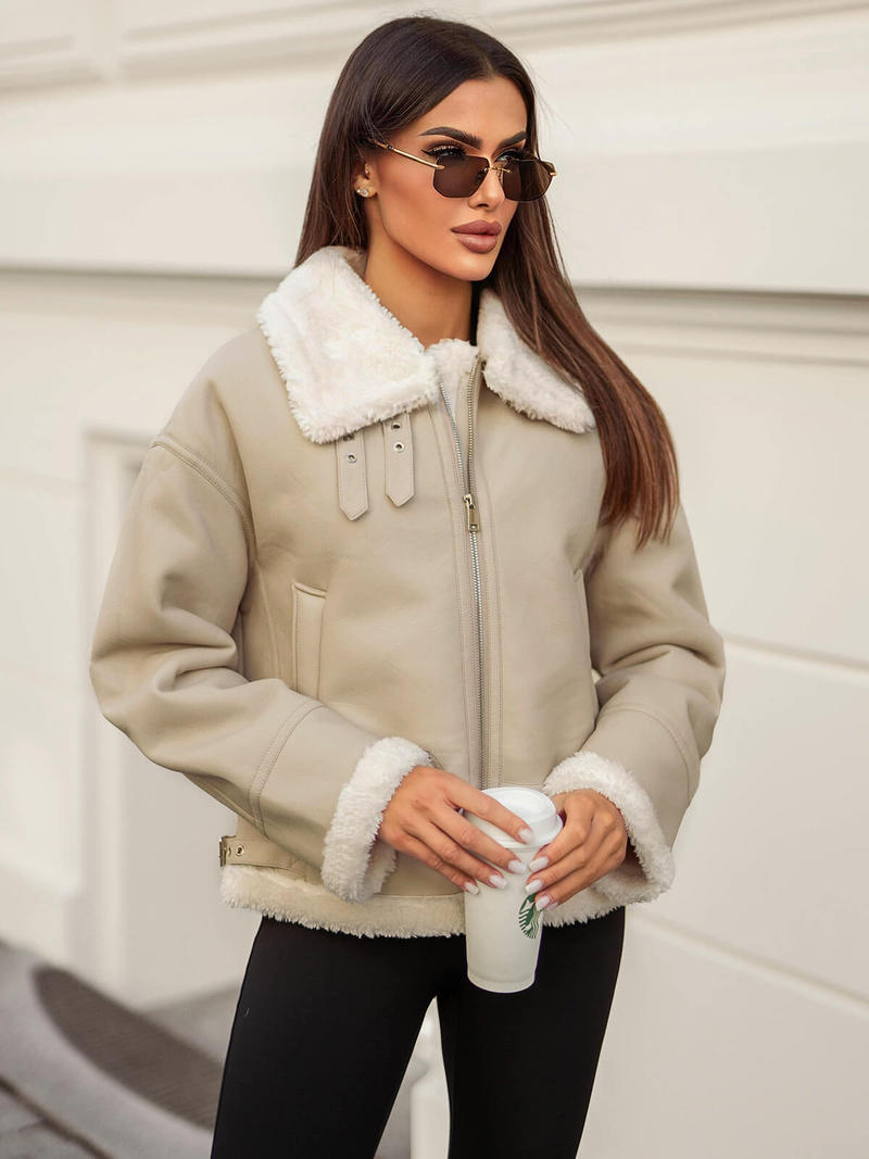 Smėlinis Moteriška Odinė Striukė OZONEE JS/11Z8178