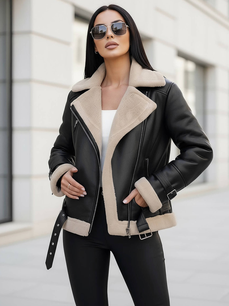 Juodai-smėlinis moteriška odinė striukė OZONEE JS/11Z8177Z