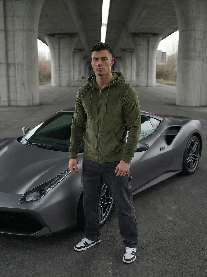 Rusvai žalsva vyriškas veliūrinis džemperis su gobtuvu OZONEE JS/8B1168/29Z