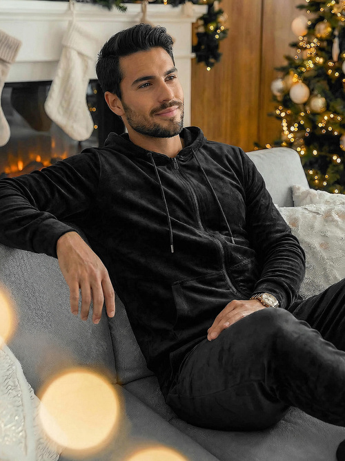 Juodas vyriškas veliūrinis sportinis kostiumas OZONEE JS/8C1169/3Z