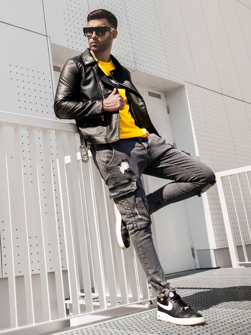 Juoda vyriška odinė striukė OZONEE O/5625Z