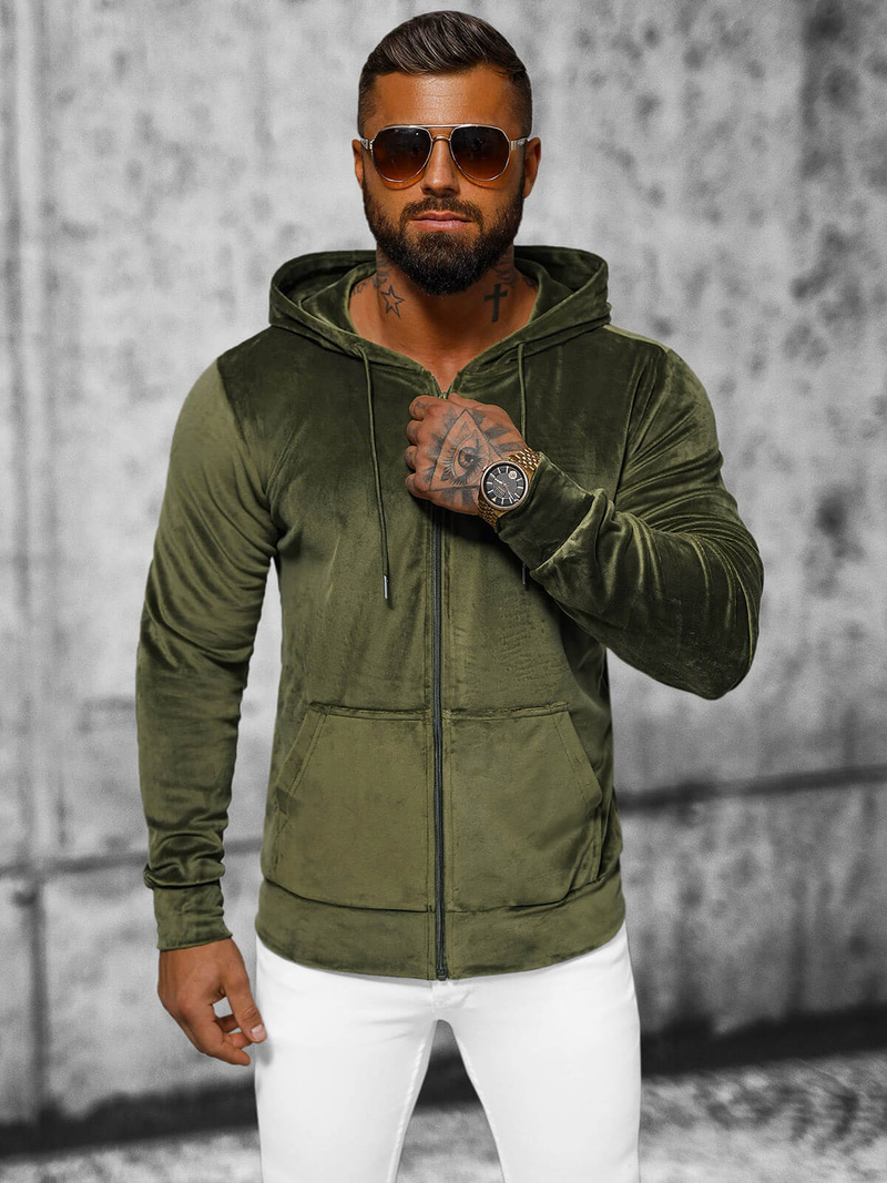 Rusvai žalsva vyriškas veliūrinis džemperis su gobtuvu OZONEE JS/8B1168/29